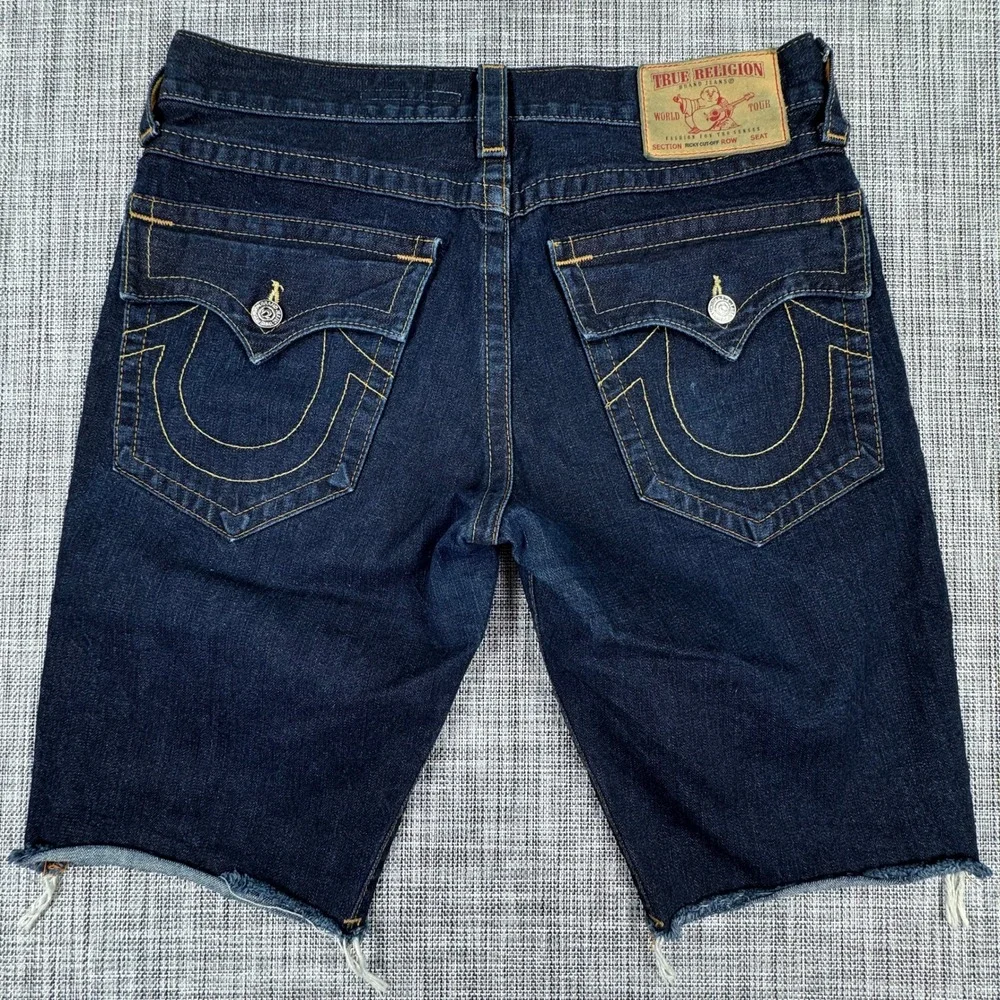 True Religion Men's 34 Ricky Cut Off Denim Shorts Horseshoe Flap Pocket Made USA